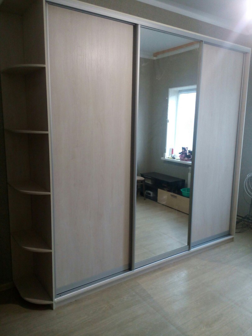 Шкаф купе в гостиную с зеркалом и древесными дверьми 