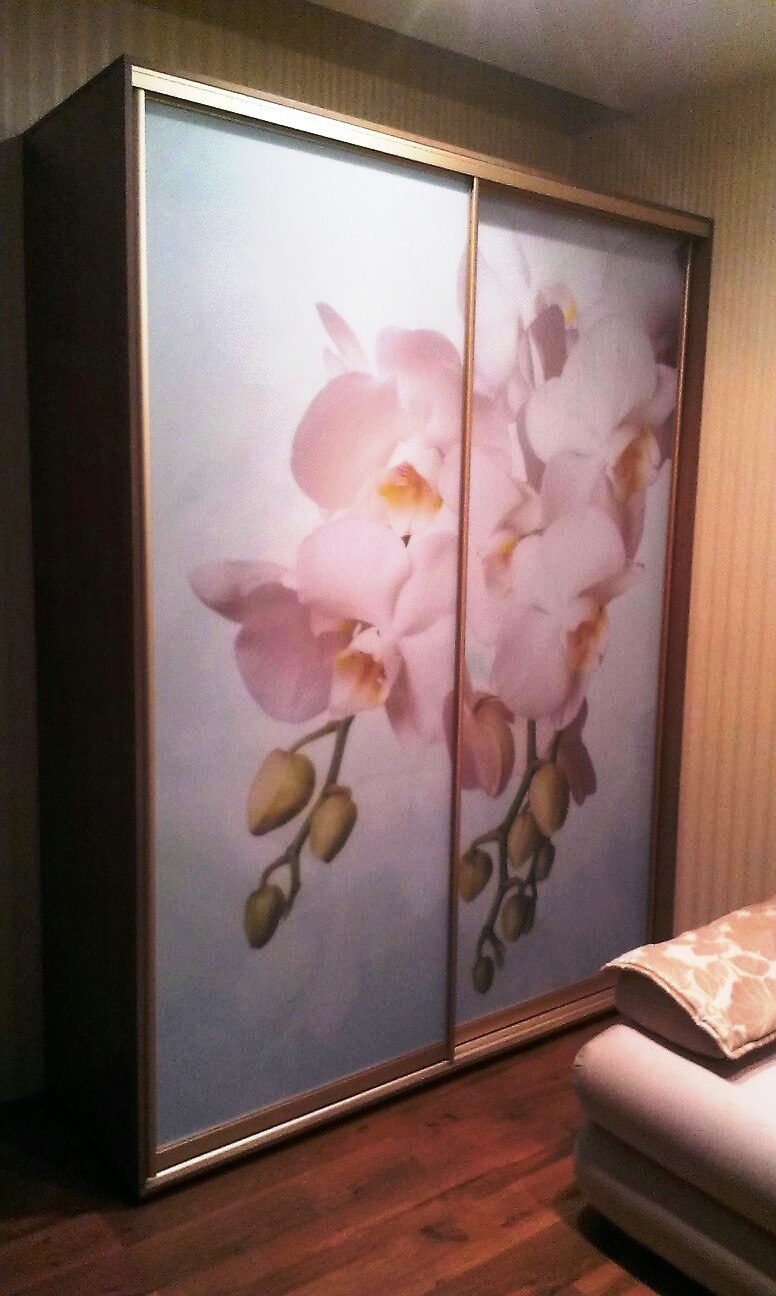 Шкаф купе с фотопечатью орхидей в гостиную    