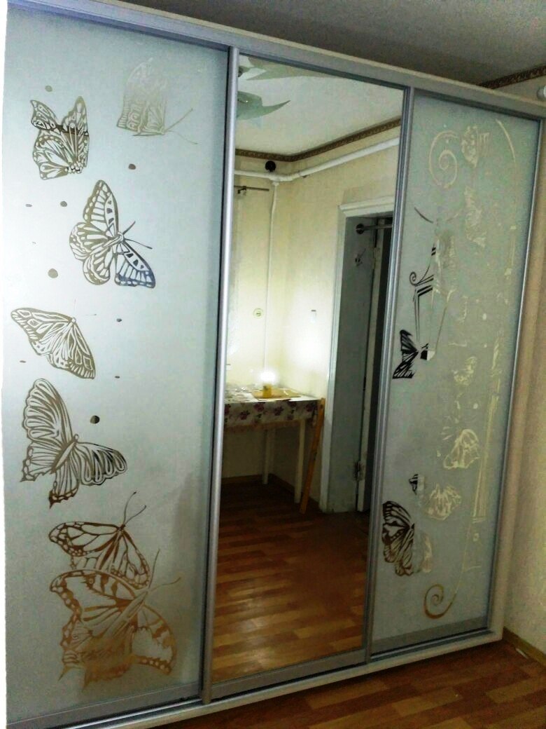 Шкаф купе с пескоструйным рисунком бабочек и зеркалом 