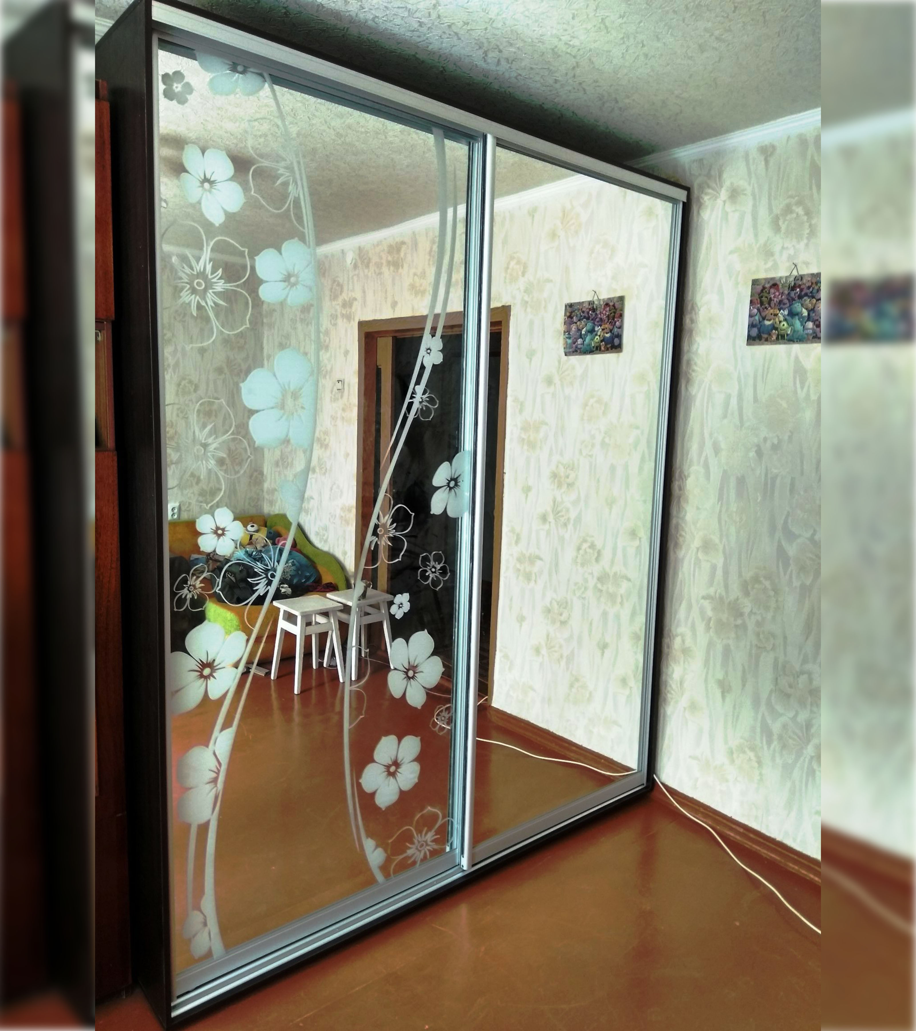 Шкаф купе в гостиную с зеркалом и пескоструйным рисунком 