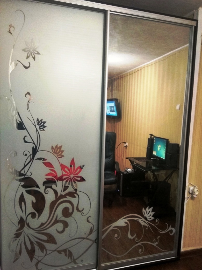 Шкаф купе с пескоструйным рисунком и зеркалом в гостиную 